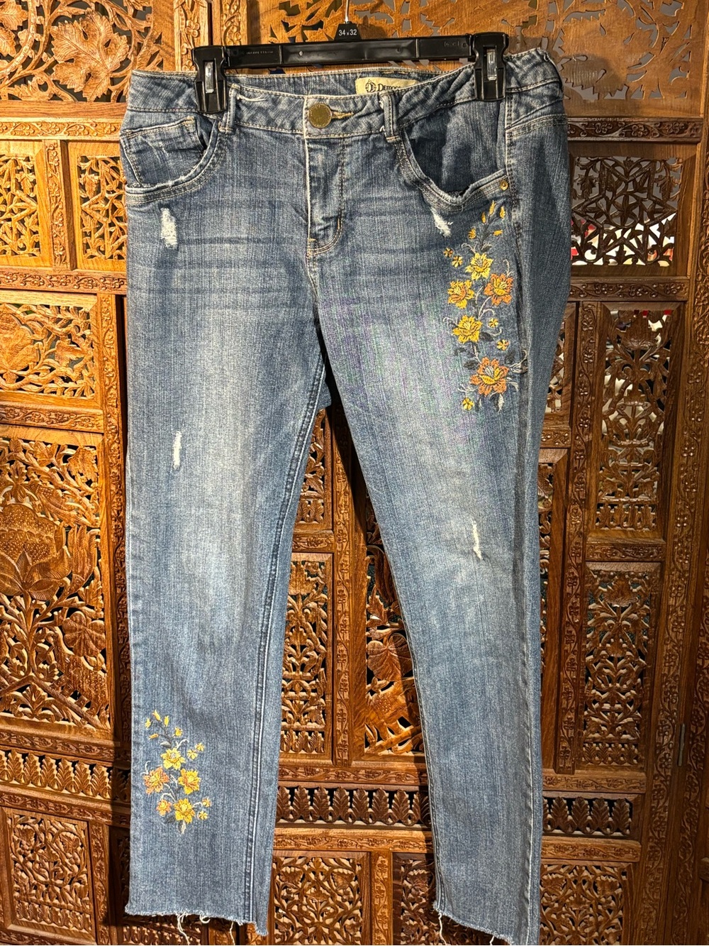 Democracy Straight Leg Blue Denim Jeans with Yellow Floral Embroidery